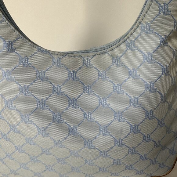 Ralph Lauren Monogram Canvas Hobo Bag Blue & Beige With Adjustable Strap - Picture 2 of 16